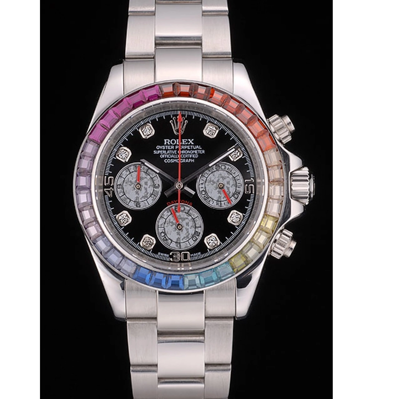 AAA replica watch Daytona Steep Dial Rolex Strap Rainbow Cosmograph 80250 Bezel Crystals Black Stainless 0604